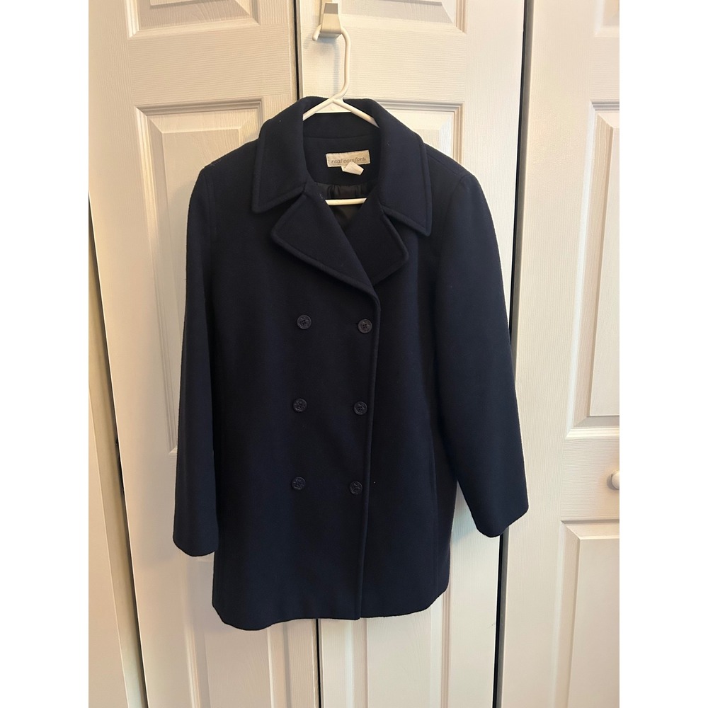 Real Comfort Navy Blue 100% Wool Pea Coat Double Breasted Medium 0108530